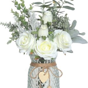 White Artificial Flower Arrangement with Vase – Silk Roses and Eucalyptus Faux Plant Décor for Living Room, Office, Dining Table, Bathroom, and Farmhouse Styling